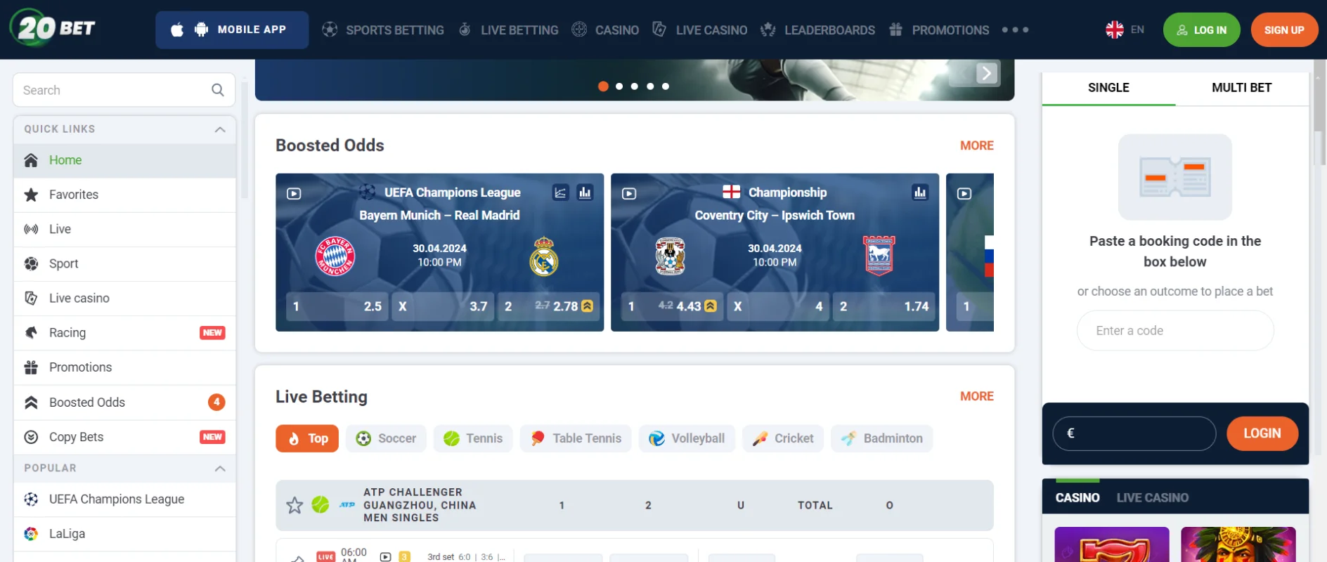 20Bet Betting Odds